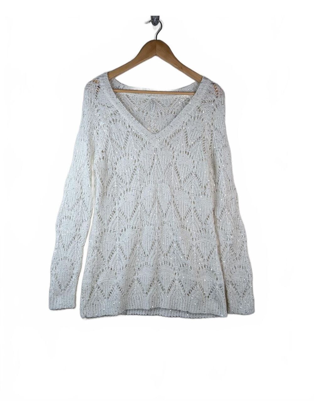 Studio Y Women's White Sequin Knit Sweater‎ V-Neck Size Medium